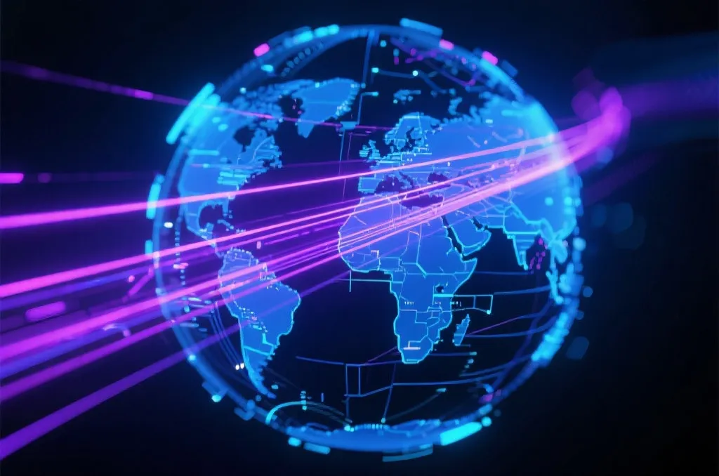An abstract digital illustration representing global network routing and fast data transmission