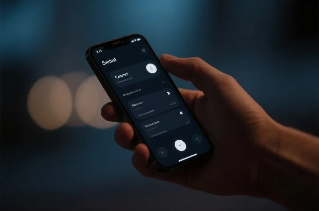 Close-up of a hand holding a mobile phone showing a dark-themed user interface with a sleek layout, soft night lighting background