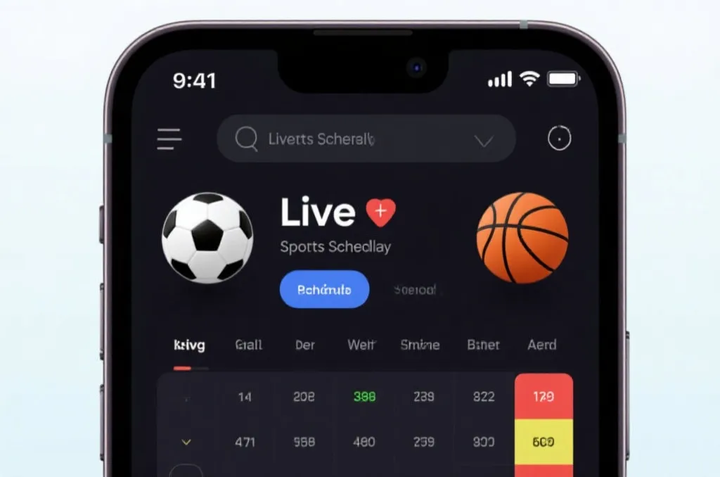 A modern smartphone showcasing a live sports schedule application interface with football and basketball icons, vibrant but clean design